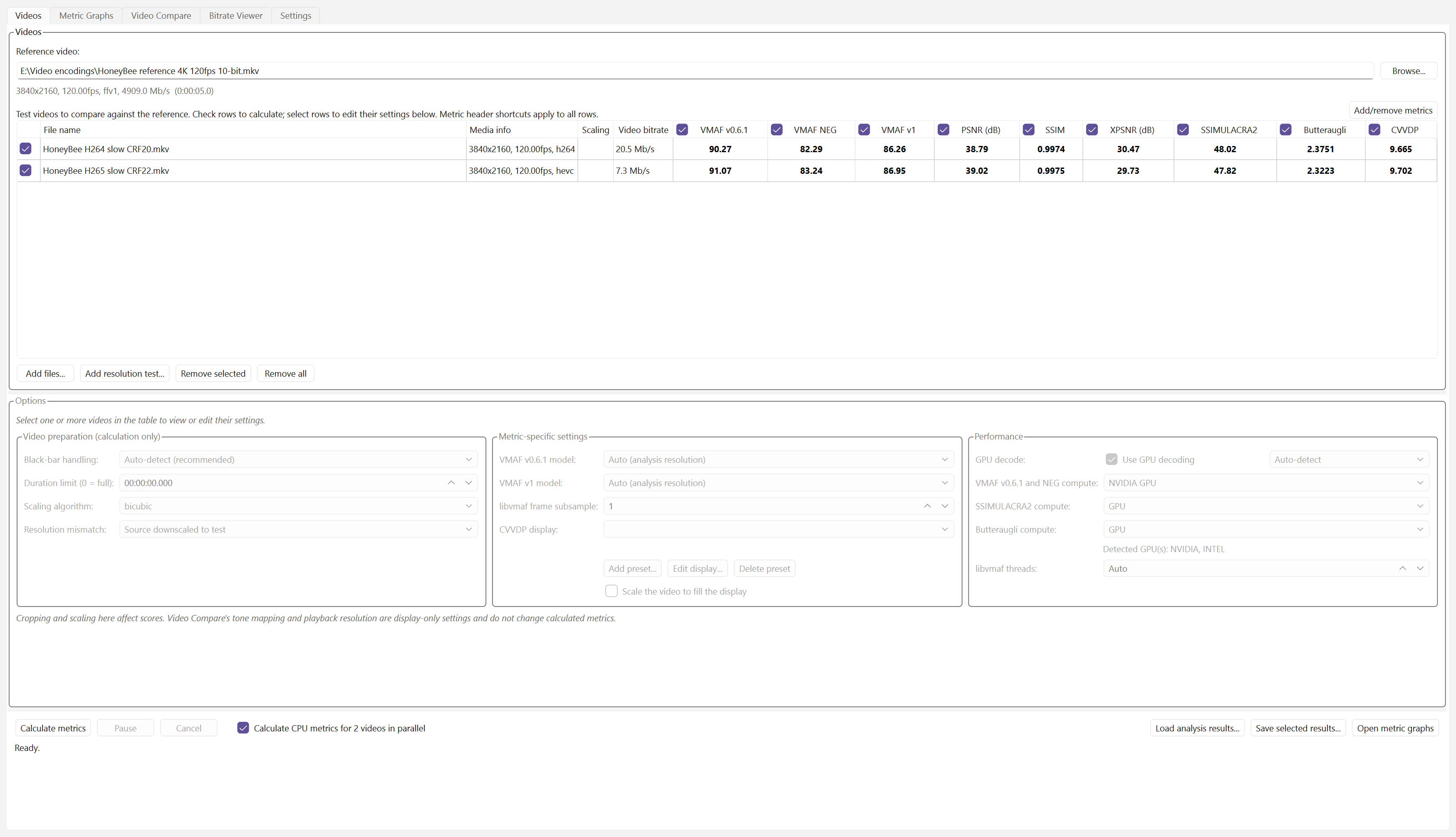 VideoMetricsLab's Videos tab with H.264 and HEVC test encodes and their VMAF, PSNR, SSIM and XPSNR scores