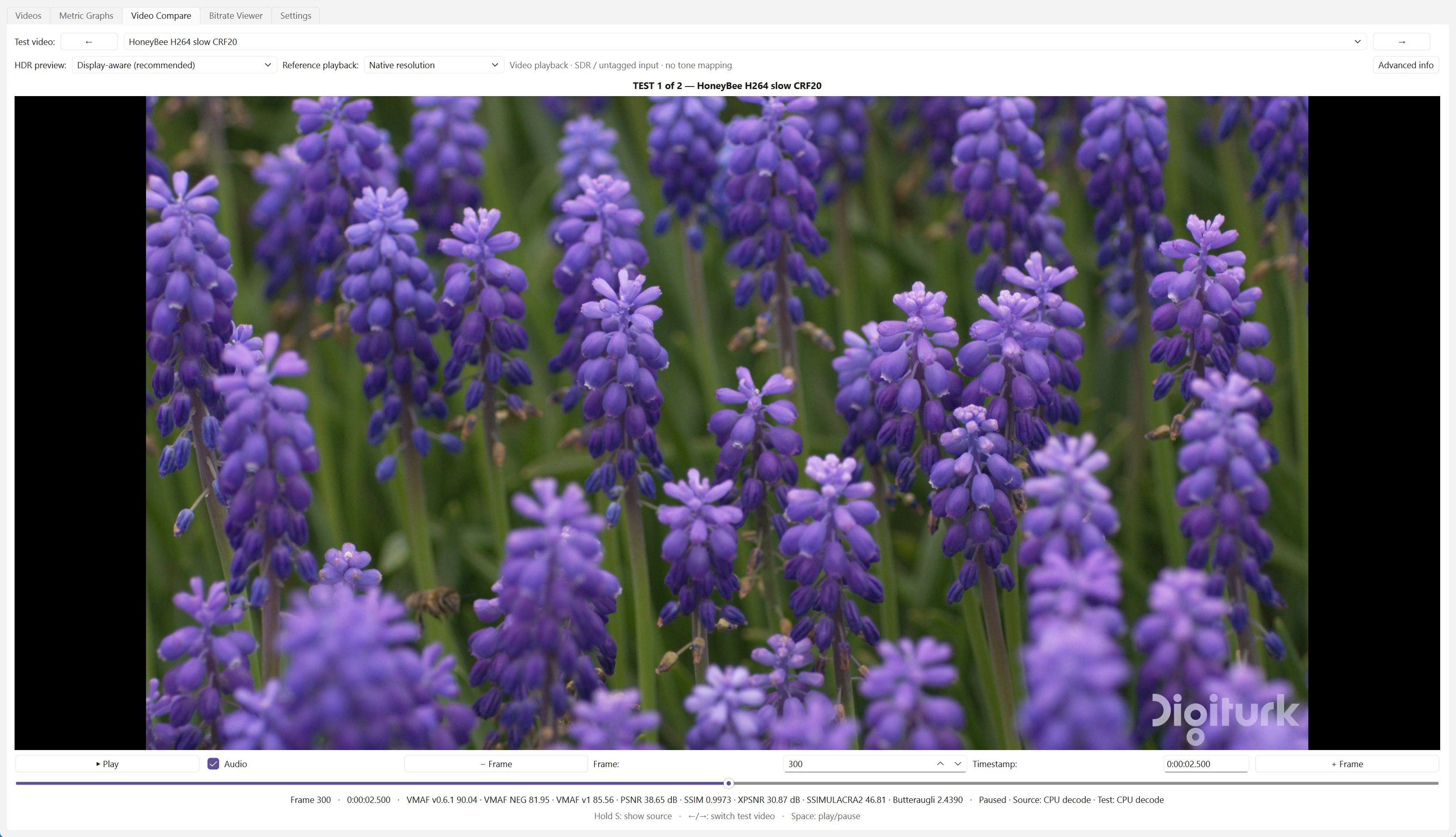 Frame-exact Video Compare view switching between the source and an encode